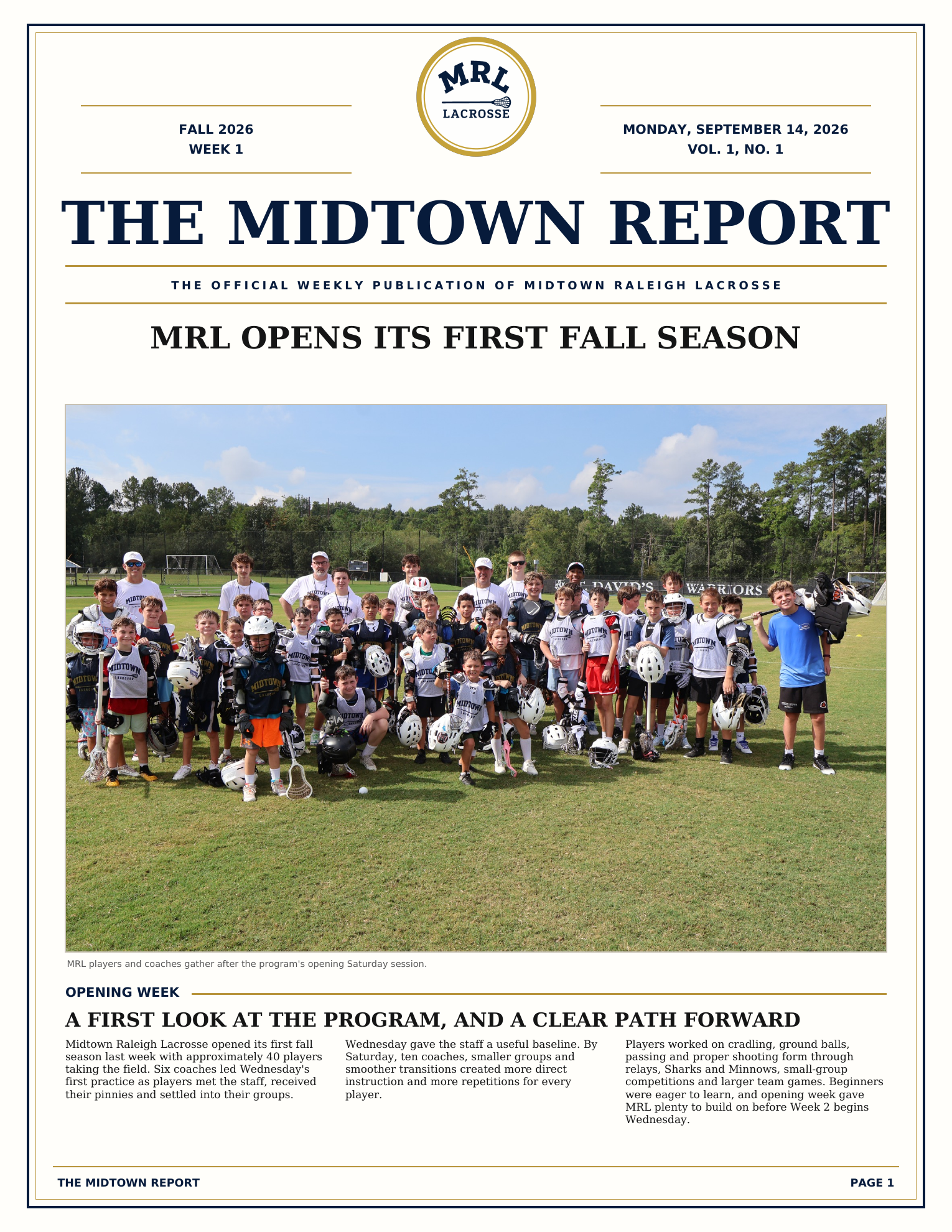 Page 1, opening week cover