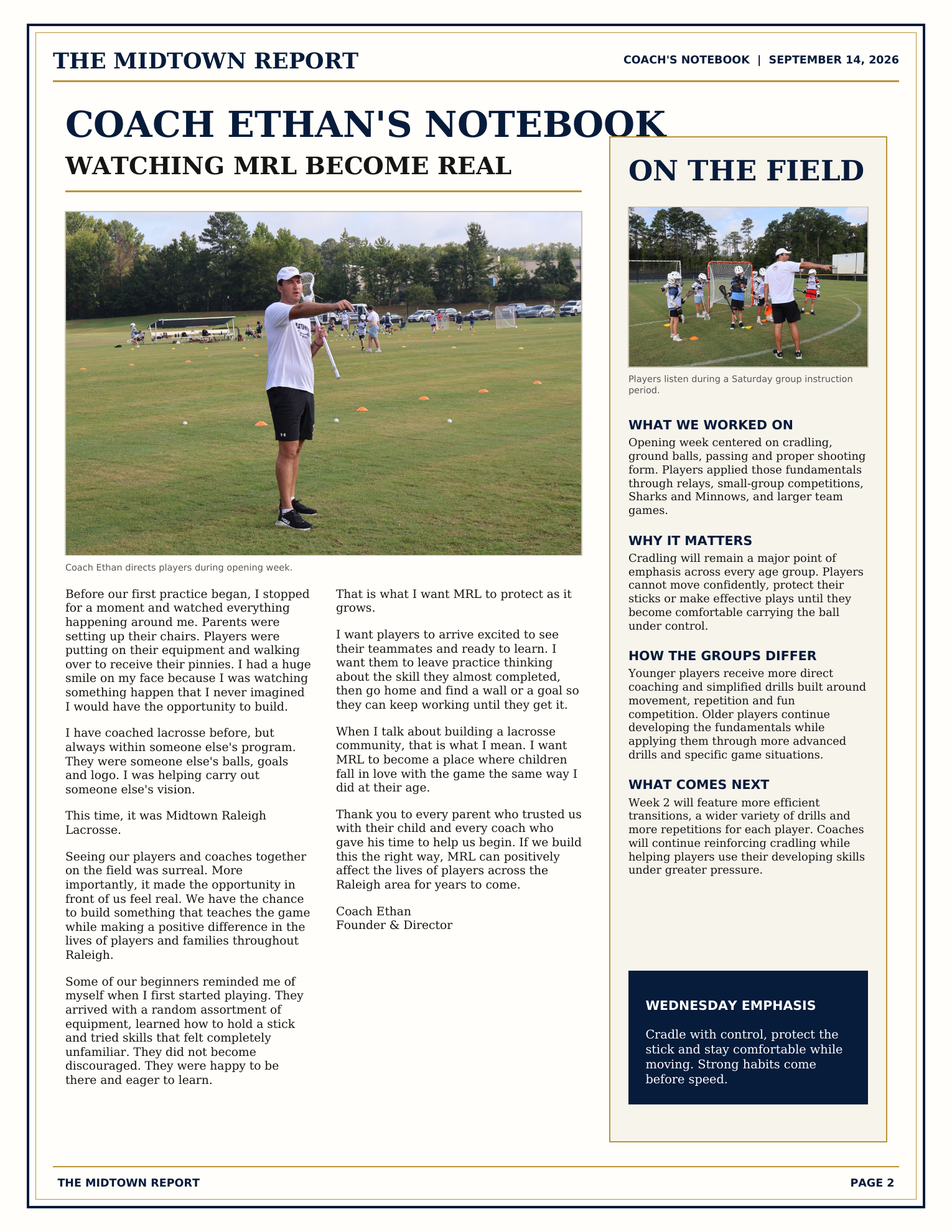Page 2, Coach Ethan's Notebook and On the Field