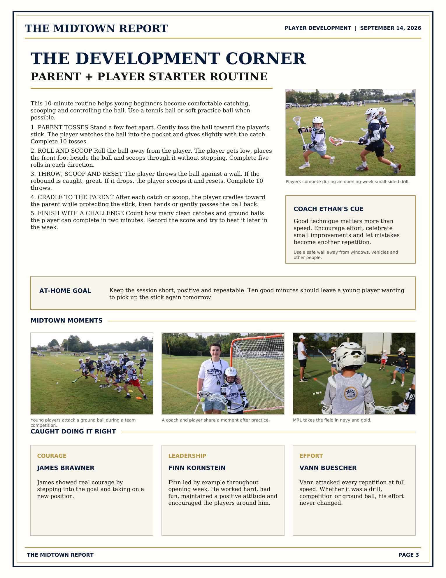 Page 3, Development Corner and player recognitions