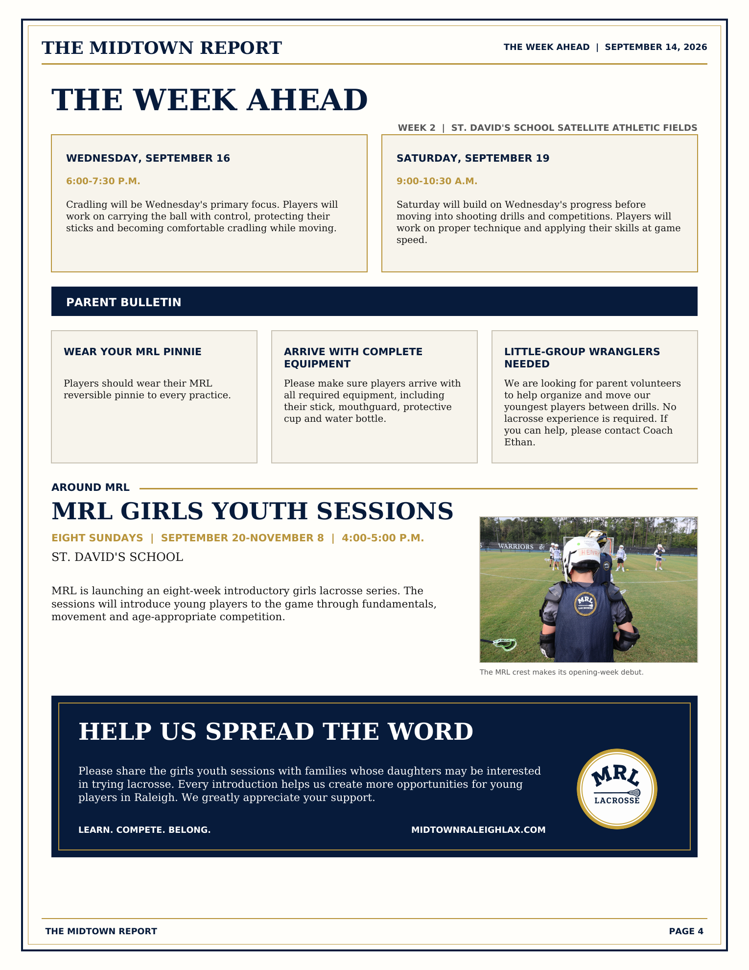 Page 4, the week ahead and MRL announcements